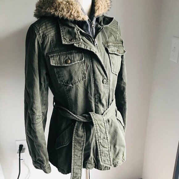 Buffalo David Bitton Outerwear Green Belted Jacket Faux Fur Hood Size M - Picture 3 of 12